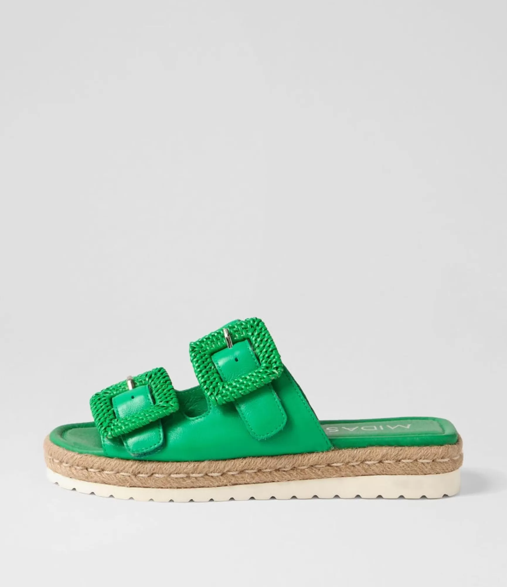Clearance Midas Shoes Singe Bright Emerald Leather Buckle Slides